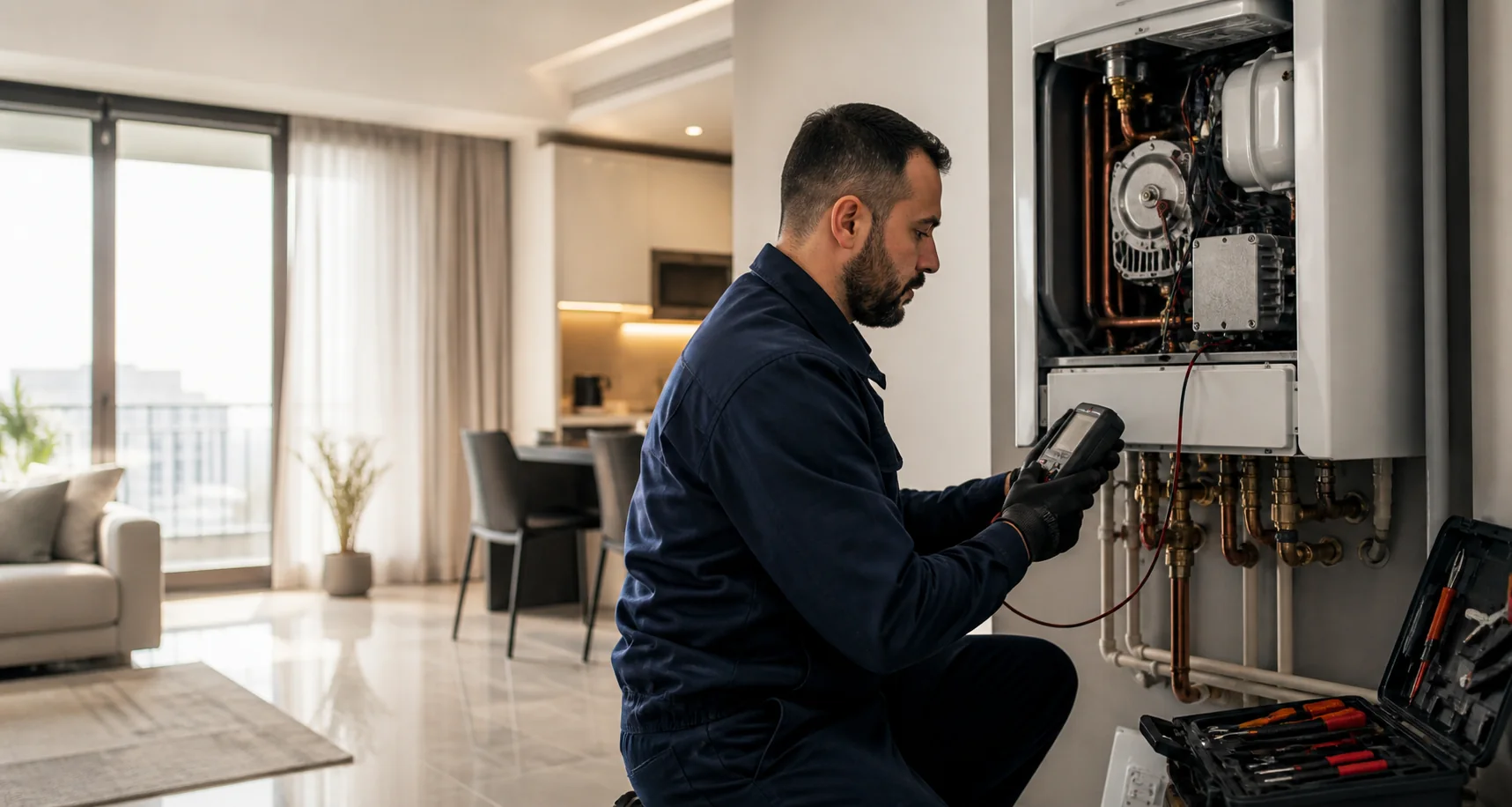 Kombi arızasını inceleyen servis uzmanı